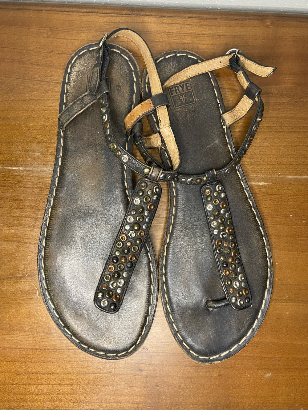 Frye Brown Kayla Leather Studded T-Strap Sandals